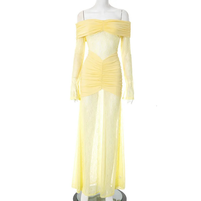 Townlike Pleated Slim Bodycon Maxi Long Dress Women Off Shoulder 2025 Autumn Winter Dress Lace Patchwork Sexy Party Dresses 251027