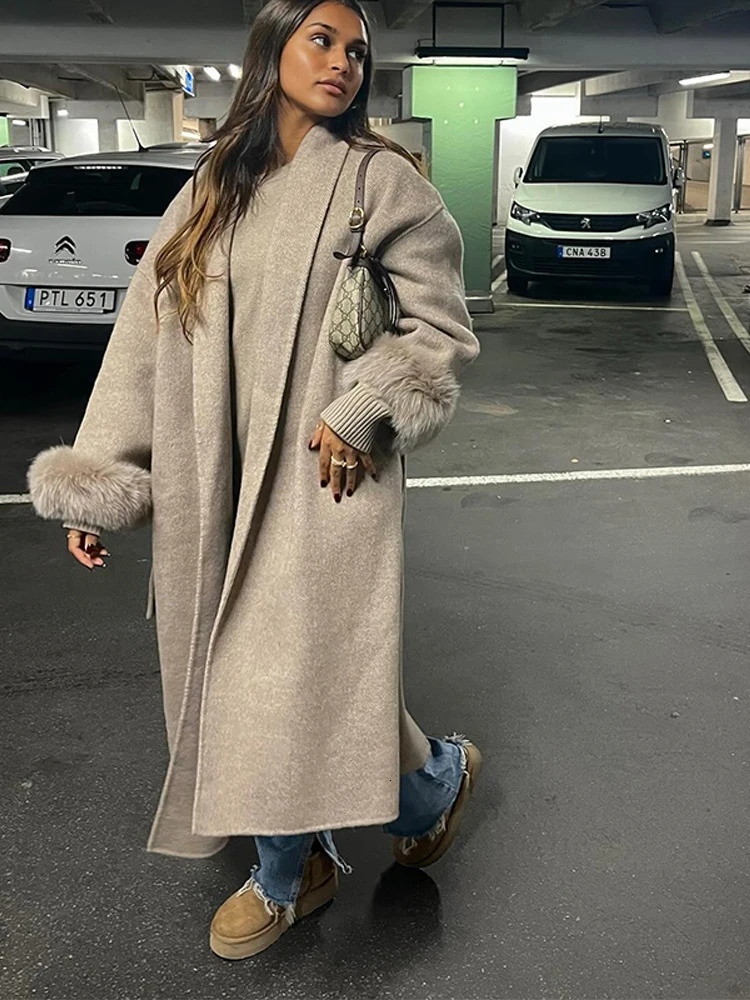 Street Furry Patchwork Slim Womens Long Woolen Overcoats Vneck Full Sleeve Lace Up Coats Fashion Office Lady Autumn Outerwears 251027