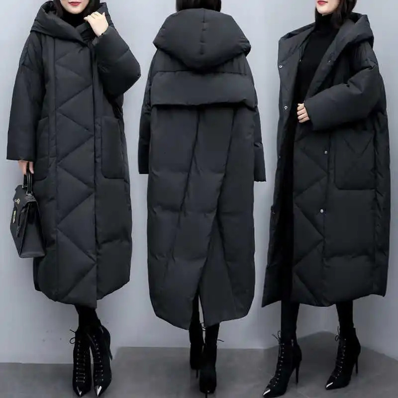 Hooded Women Solid Long Parkas Korean Loose Casual Regular Splice Cardigan Full Sleeve Thick Mid Length Coats Autumn Winter 251027