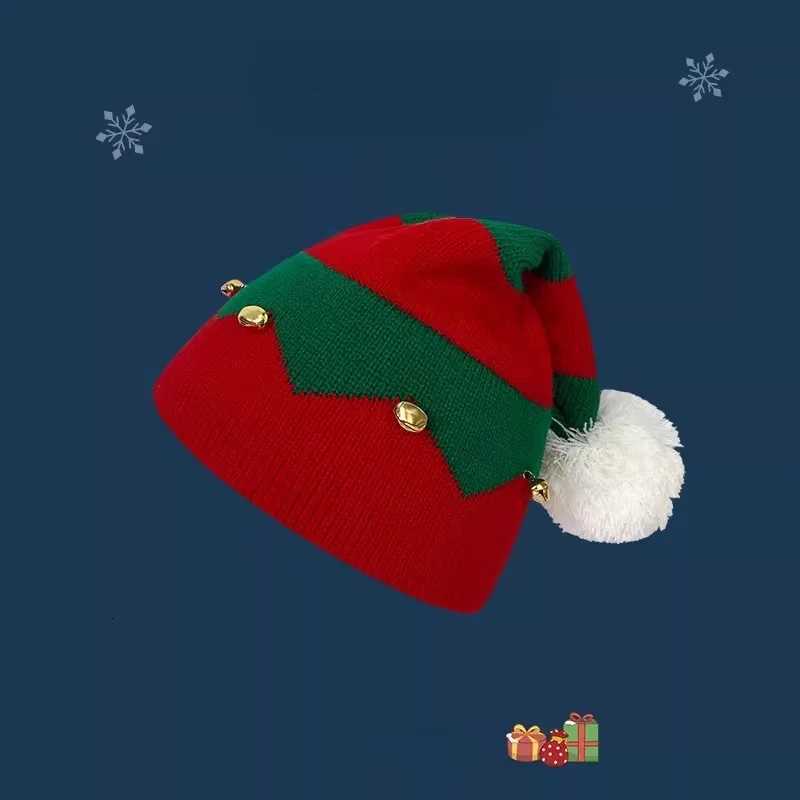 Christmas Knitted Wool Hat For Mother And Kids Red ColorBlock Design With Bells Festive Christmas Hat For WinterW251027