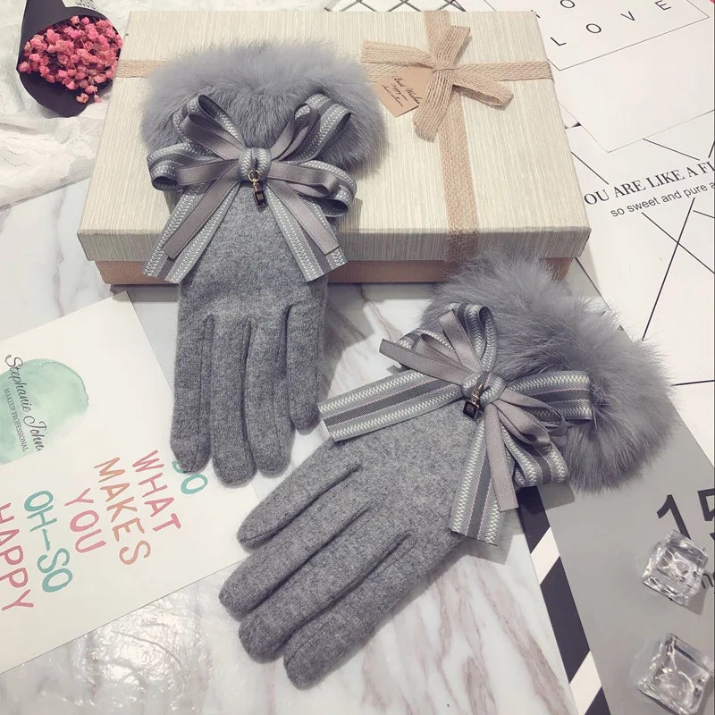 AllMatch Female Autumn and Winter Cute Warm Touch Screen Thick Rabbit Fur Wool Cashmere Warm Finger Gloves 251024