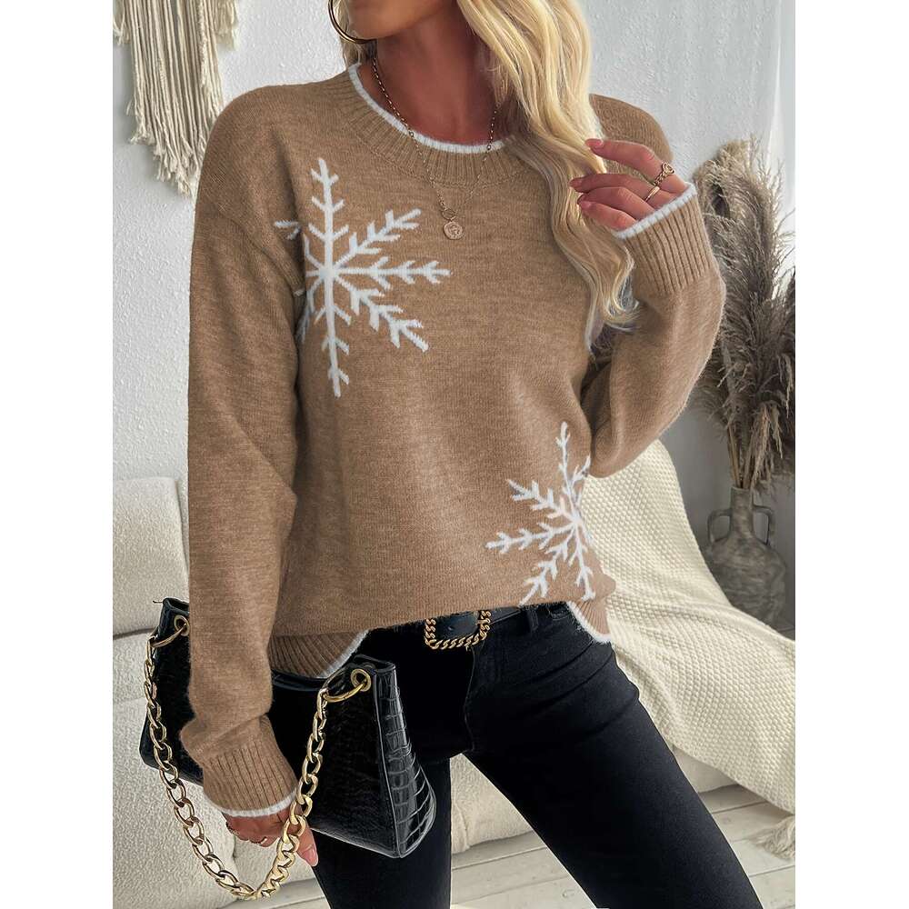 European American Autumn And Winter Pullover Knitted Sweater With Snowflake Jacquard, Round Neck Women's Top.