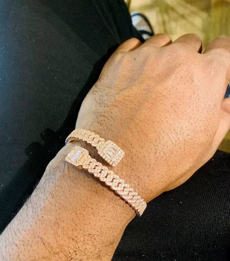 Special Design Luxury Jewelry Custom Cuban Silver Plated 18k Gold Bracelet Moissanite Diamond Iced Out Cuban Bracelet Bangles