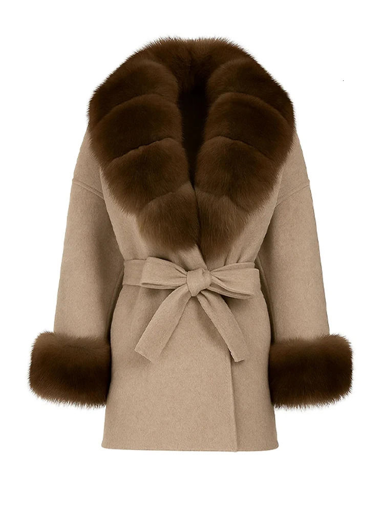 Elegant Fur Collar Woolen Coat Women Contrast Full Sleeve Turndown Loose Lace Up Coats Female Autumn Lady Outwears 251027