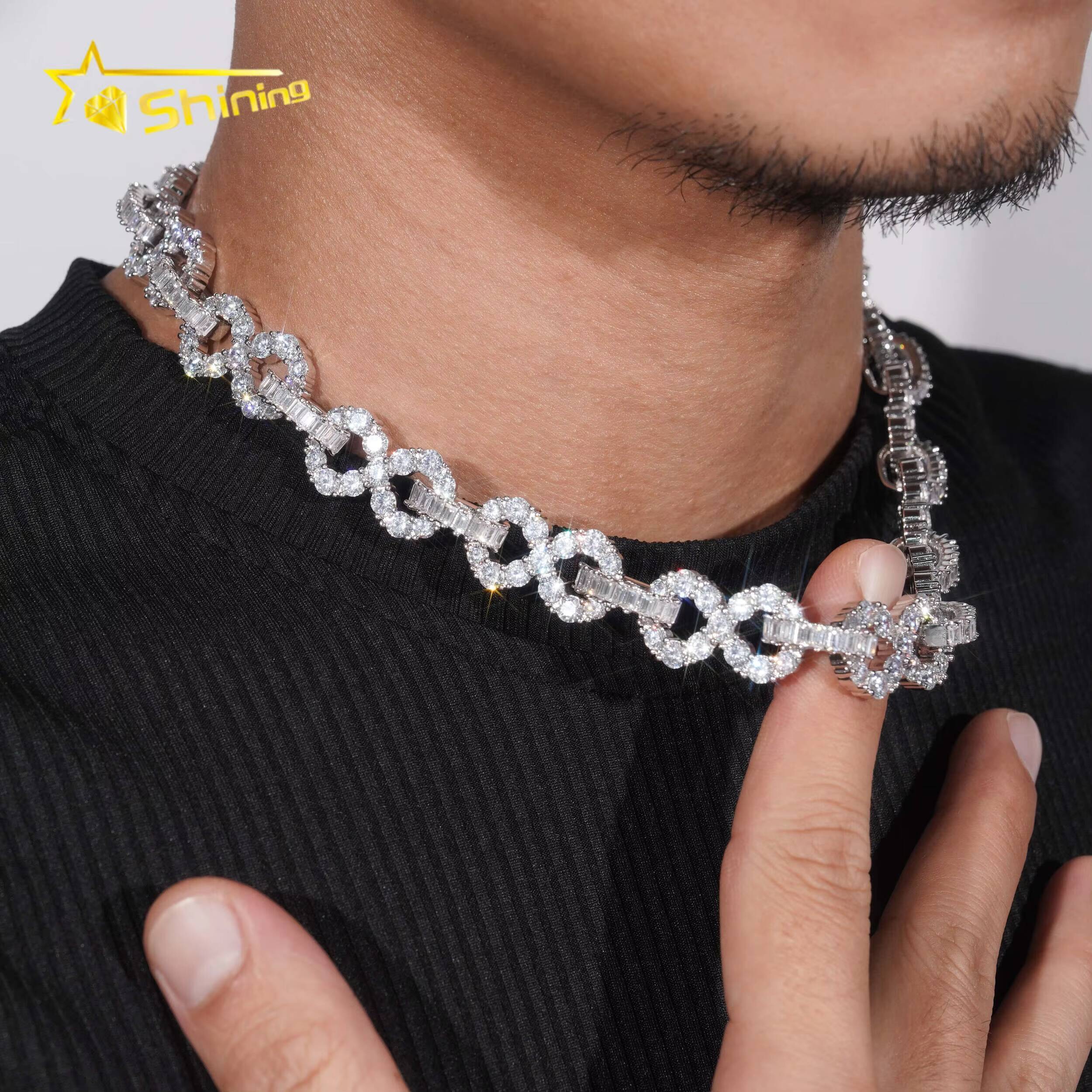 Hip Hop Style Baguette Diamond 925 Sterling Silver Iced Out 16mm Cuban Moissanite Infinity Link Chain