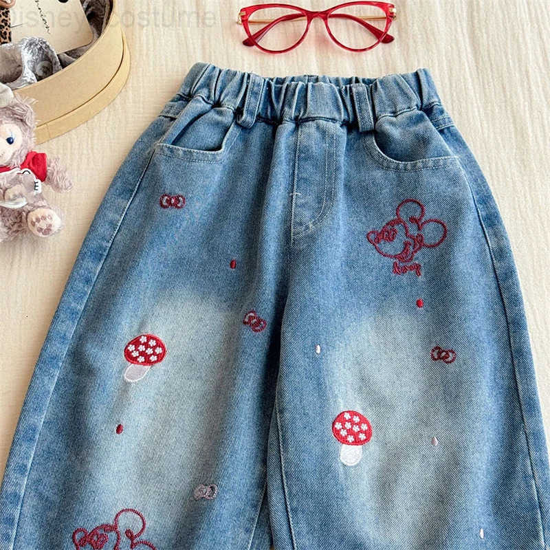 Disney Girls Jeans Cute Cartoon Embroidered Kids Wide Leg Pants Spring Autumn Patchwork Mickey Casual Childrens Trousers H251027