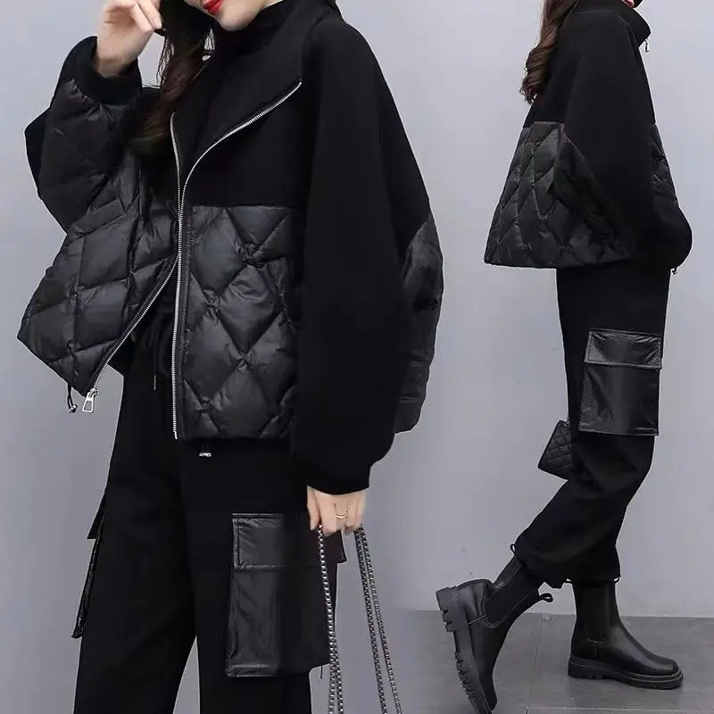 Autumn Winter Down CottonPadded Jacket Womens Overcoat Short Diamond Lattice Bat Sleeve Wool Spell Warm Parker Coat 251027