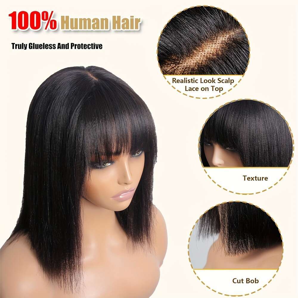150% Density Scalp Raw Wig - Glueless HD Front Bob Cut With Bangs, 2X4 Lace For & All Ethnicities, Natural Looking Short Replacement, No Glue Needed S