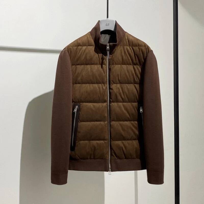 Men's High-Quality Solid-Color Reverse Leather Veet Wool Mixed-Texture Collar Down Jacket