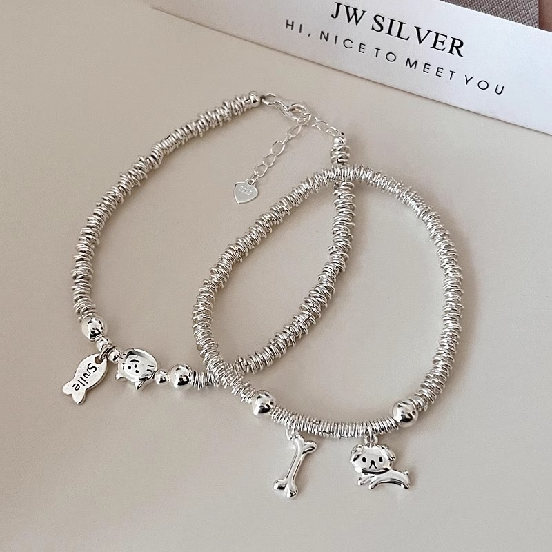 TaiYang New Gold Plated Copper Cat & Dog Charm Bracelet,Silver Plated Copper Chain with Playful Eating Fish and Bone Pendants for Women