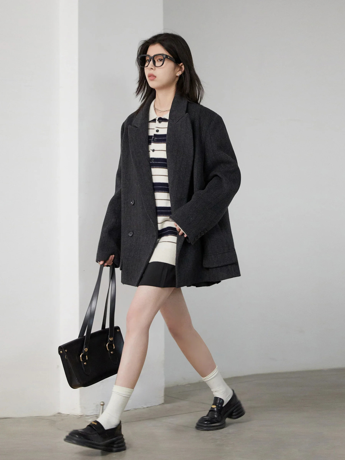 CHIC VEN Women Woolen Blazer Loose Vintage V Neck Female Jacket Suit Double Breasted Office Ladies Coat Spring Autumn 251027