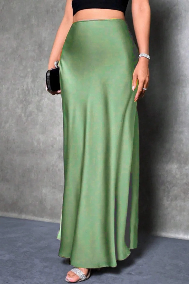 Elegant silklike satin Aline midi skirt with high waist and mermaid tail for women in spring summer 251027