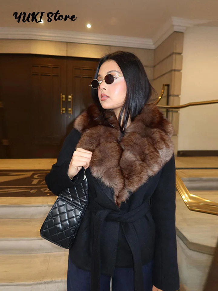 Elegant Fur Patchwork Short Warm Coat Women Lapel Lace Up Long Sleeve Coats Female Autumn Winter Lady Outwears 251027