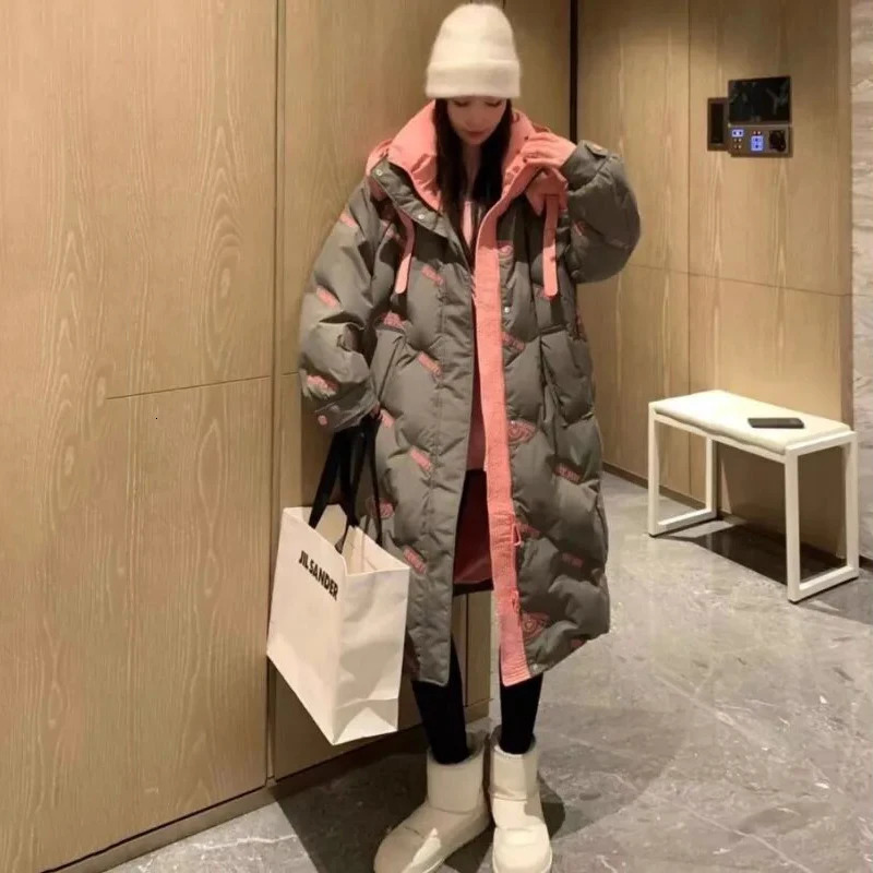 Winter Long White Duck Down Hooded Cotton Jackets Thickened Warm Coat Fashion Loose Sleeves Parkas Jacket 251027
