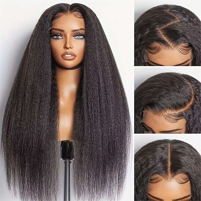 5*5 Glueless Ready To Go Cut Beginners Kinky Front Remy Unprocessed Brazilian Virgin No Glue Lace Wig Yaki Straight Human Hair Wigs Pre Plucked For Wo