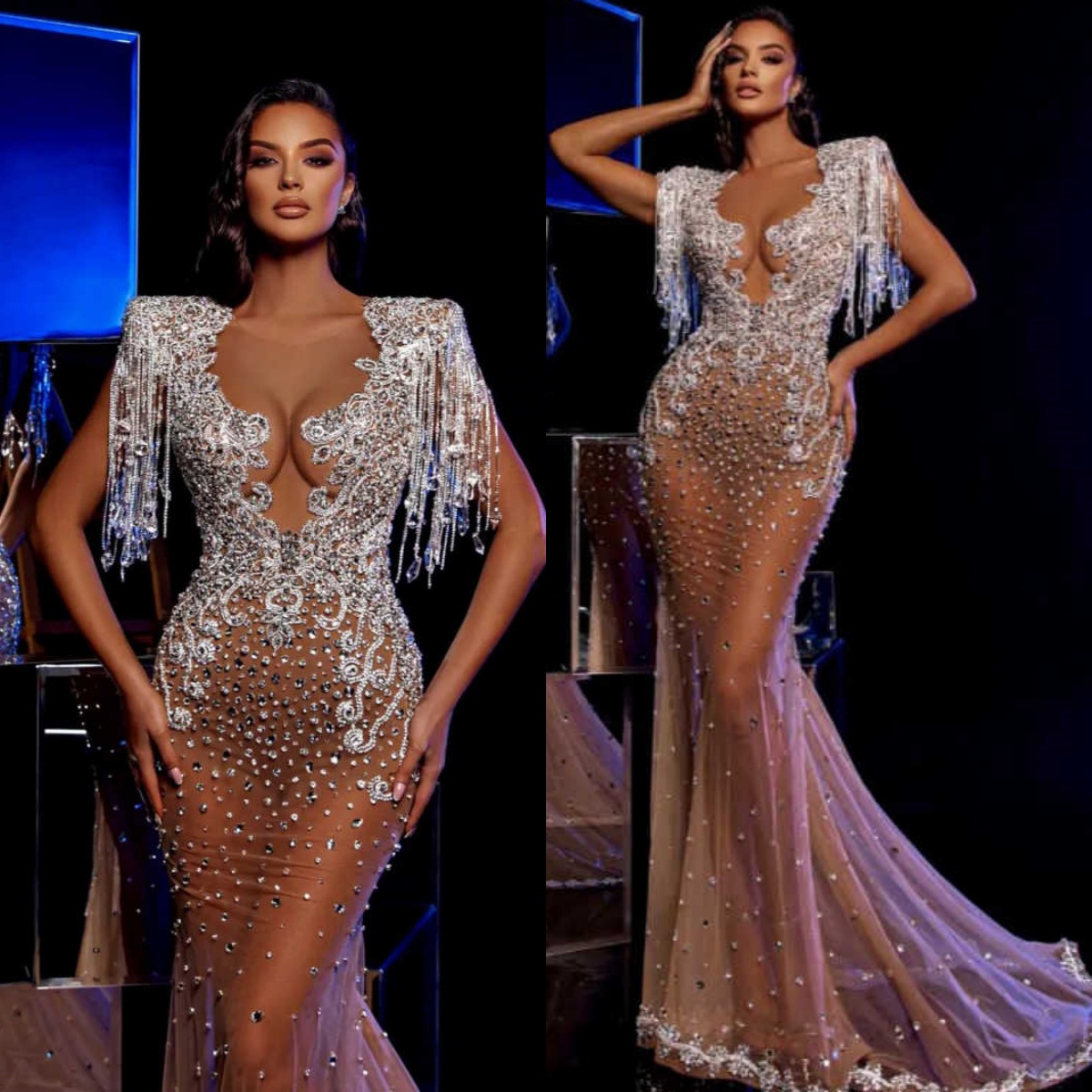 Modern Mermaid Evening Dress Tassel Sleeve Prom Gowns Sexy V-Neck Beads Satin Prom Dress vestidos de novia Plus Size Customized Robes De Mariee L25280