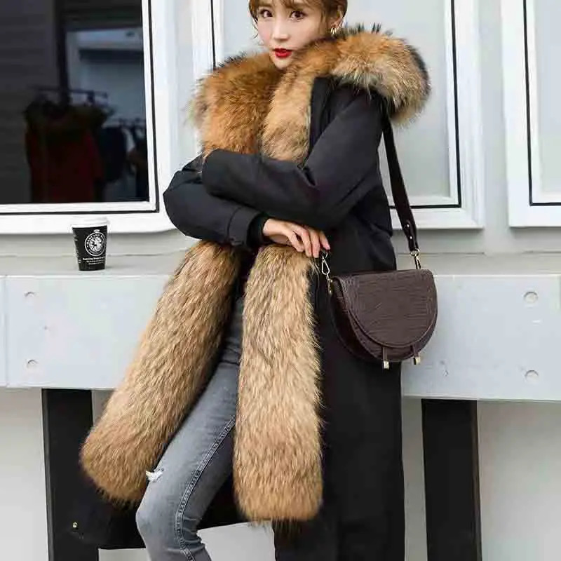 Winter Kneelength Hooded Loose Slim Female Raccoon Fur Coat Lined with Detachable Warm and Casual 5XL Parka 251027