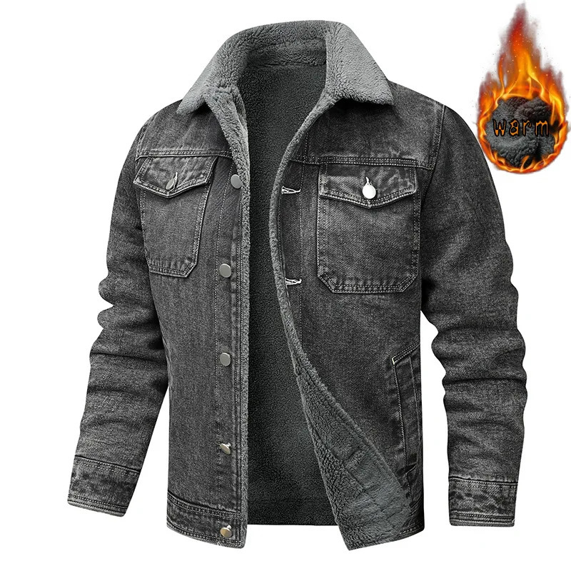 Mens denim jacket wool warm inner cotton for autumn and winter casual outdoor plus size work can be50100kg 251015