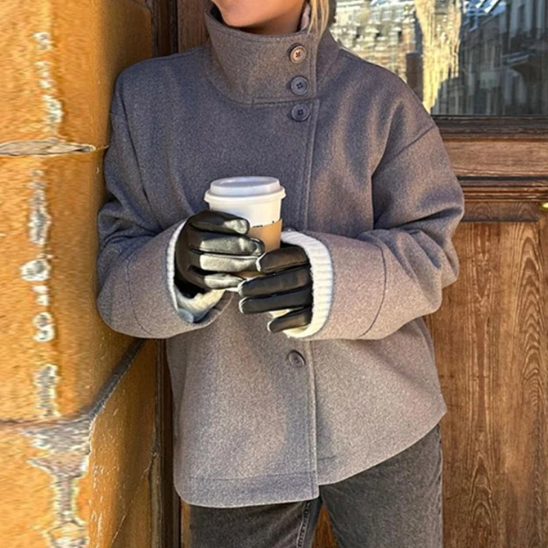 Stand Collar Women Winter Woolen Coats Spring Single Breasted Loose Female Long Sleeve Jacket Office Lady Street Short Coat 251027