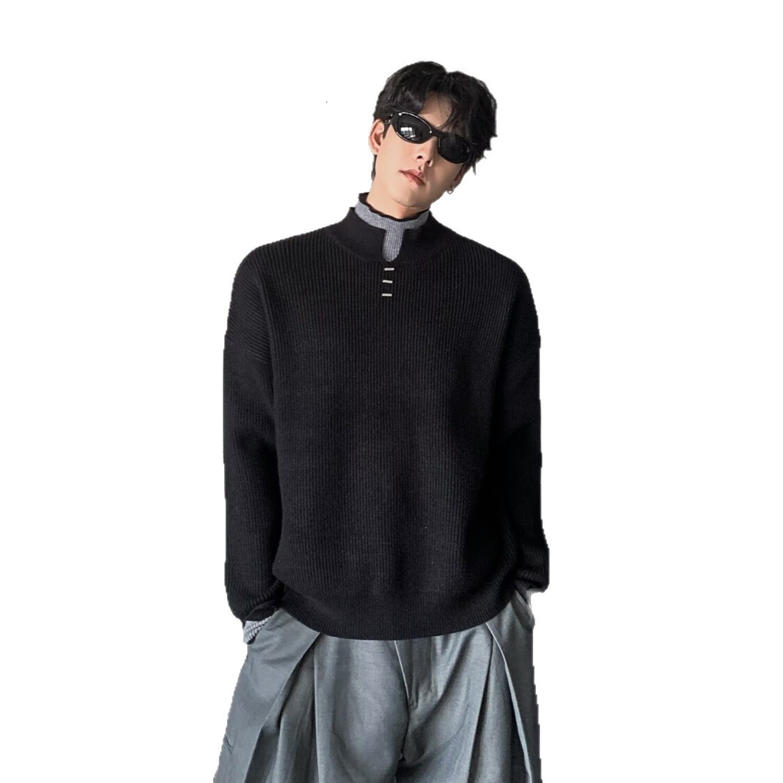 Unique Fake Two-piece Color-block Double-layer Turtleneck Sweater For Men Designer Sweater Autumn Trendy Style Simple Casual Knitted Top