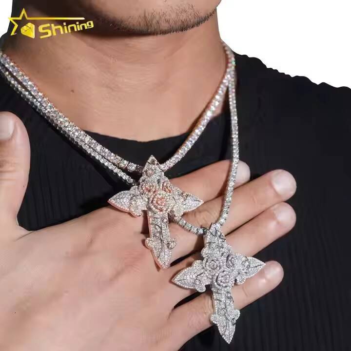 New Design Hot Selling 925 Sterling Silver Gold Plating Hip Hop Jewelry VVS Diamond Necklace Moissanite Iced Out Cross Pendant