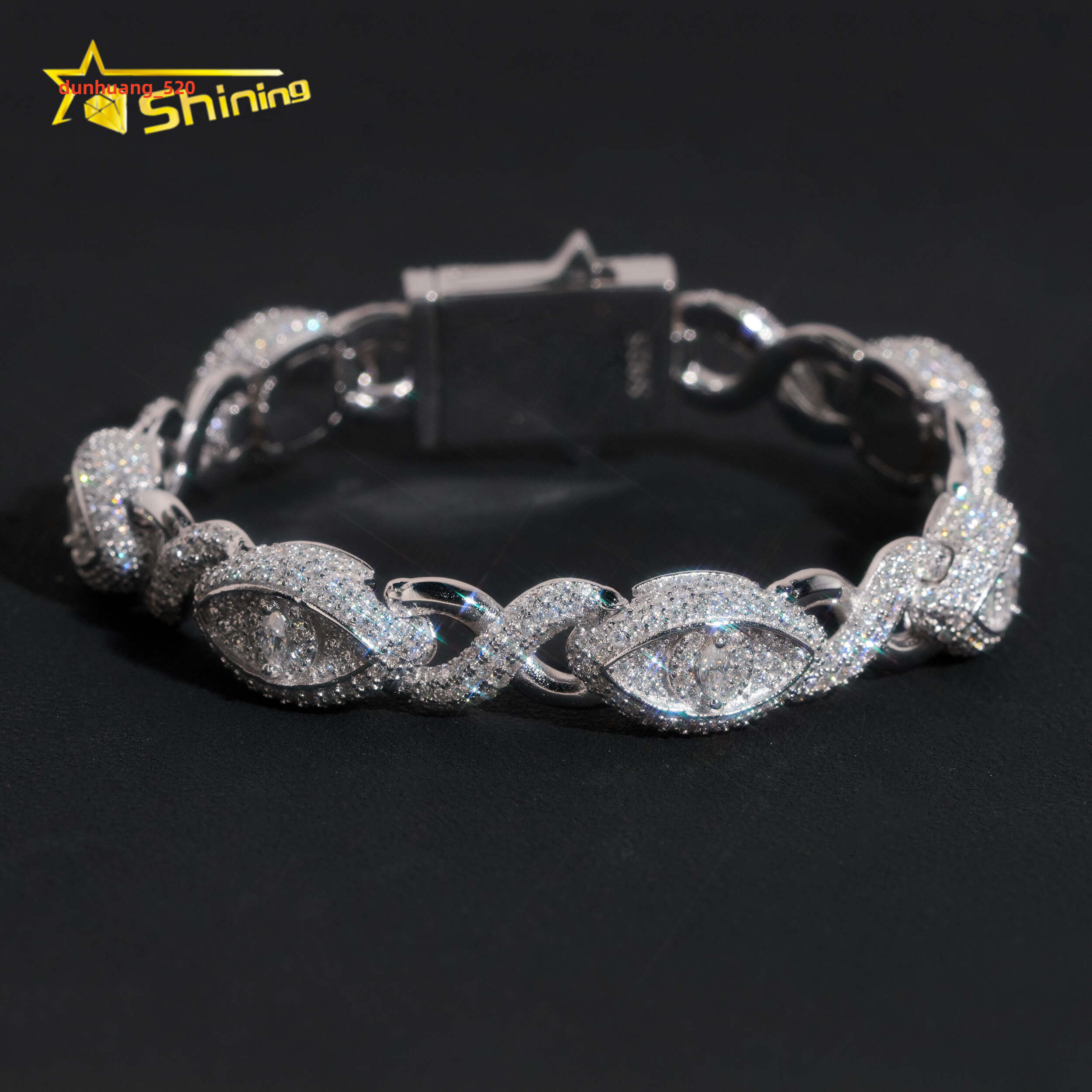 Real 925 Sterling Silver Gold Plated Hip Hop VVS Lab Diamond Moissanite Infinity Cat Eye Cuban Link Chain Bracelet