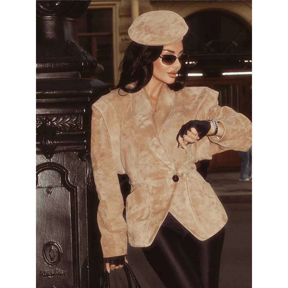 Solid Waist Cinching Blazer Women Shoulder Pads Lapel Single Breasted Long Sleeves Jackets Chic Elegant Casual Street Outerwear