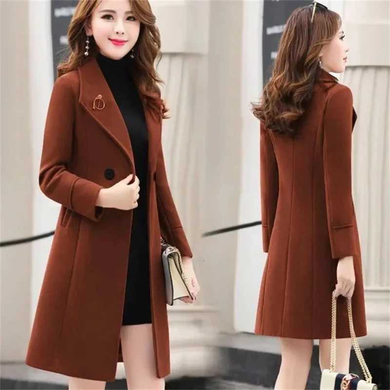 Fashion Winter Jacket Womens Double Breasted Wool Coat Solid Color Korean Slim Female Woolen Jacket MidLong Jacket M251027