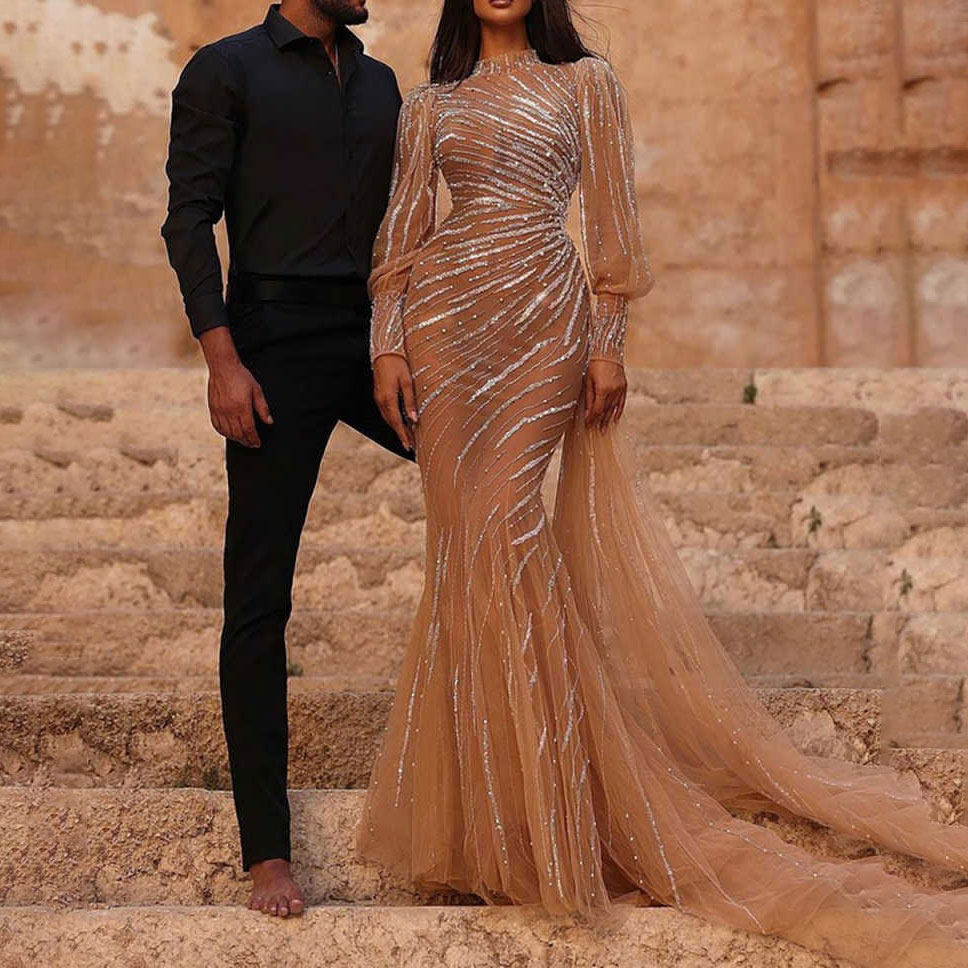 Modern Mermaid Evening Dress Long Sleeve Prom Gowns Shine Beads Tulle Satin Sexy Prom Dress vestidos de novia Size Customized Robes De Mariee L252814
