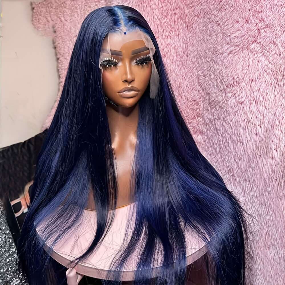 Long Dark Blue Navy Synthetic Wig Heat Resistant Up Glueless Lace Front Preplucked Hairline 180% Density Voluminous Straight Hair For