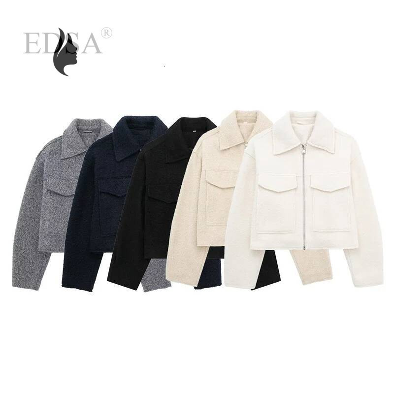 winter jacket women EDSA Women Solid Bomber Jacket with Flap Pockets Front Zipper Lapel Autumn Winter Casual Cropped Outerwear