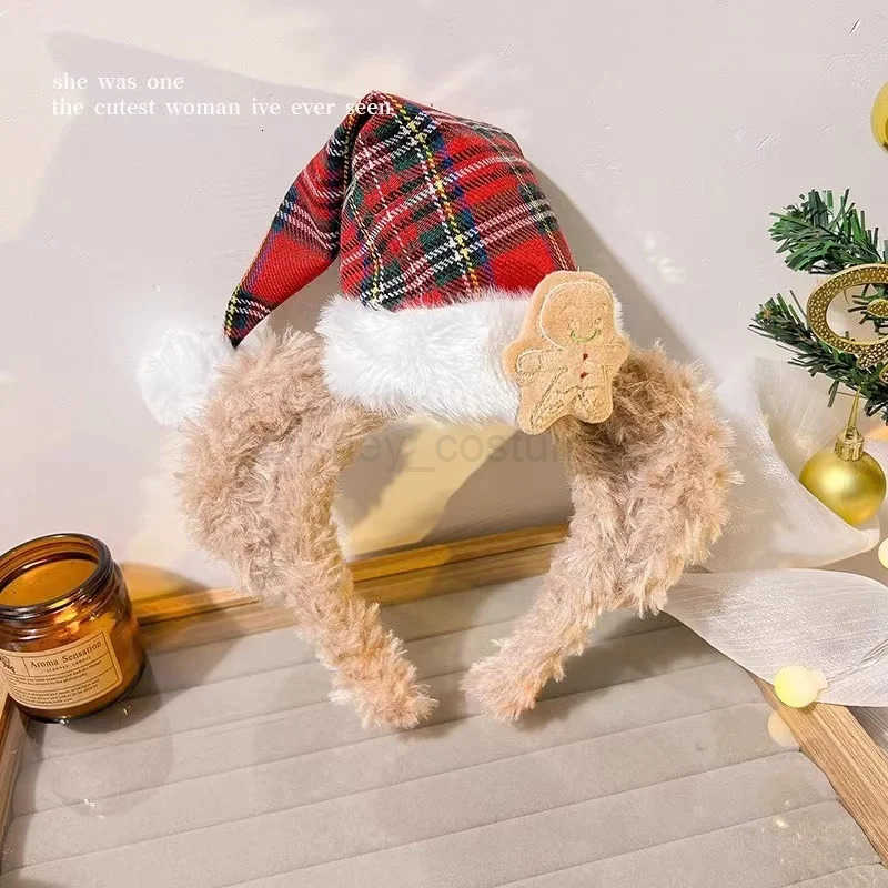 Disney 1 senior Christmas plush teddy bear headband with red and green plaid bow Christmas hat and scarf winter celebration H251027