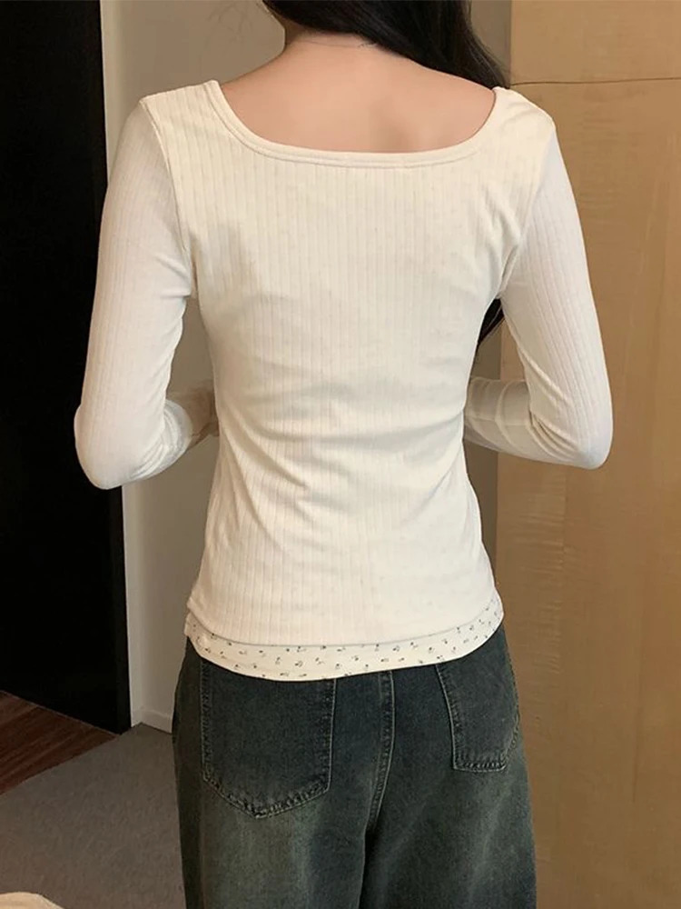 Floral Patchwork Long Sleeve Tshirt False Twopiece Lace Women Top 2025 Spring Slimming Tshirt Fashion Korean Style Clothing 251027