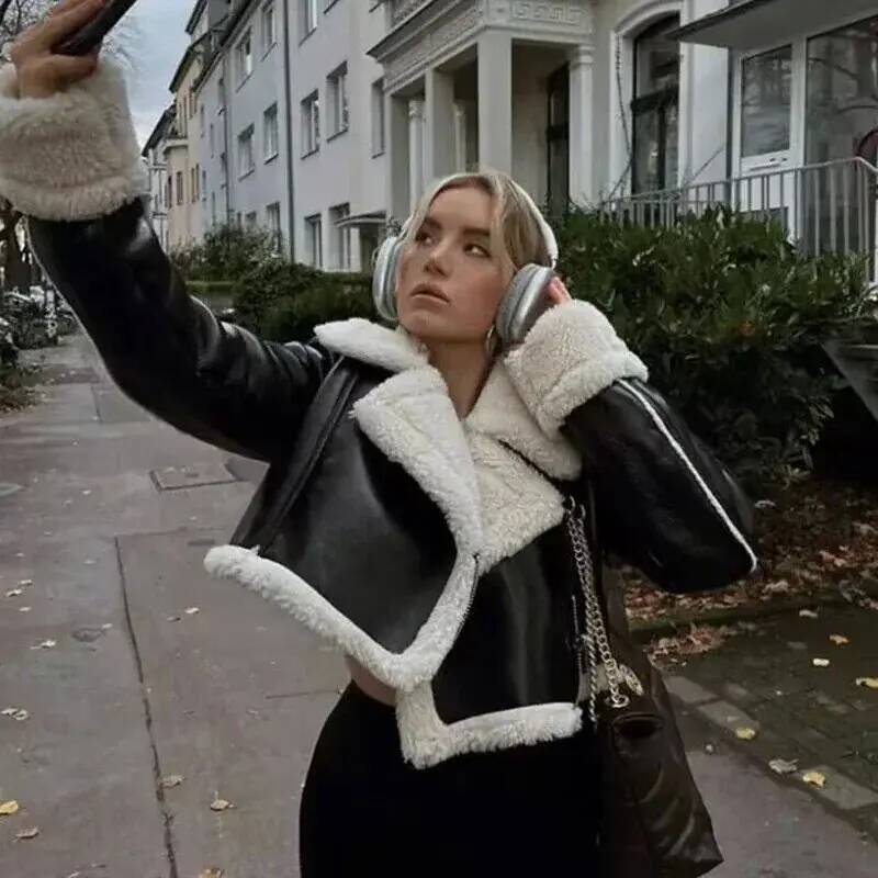 winter jacket women Women's Cropped Coat Black Wool Blends Coats Bomber Tweed Autumn Winter Leather and Fur Crop Jacket