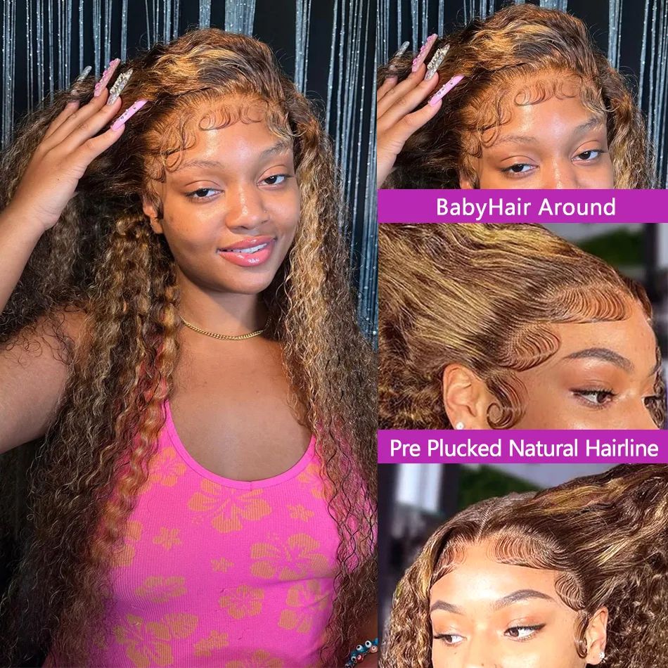 200% Density 4/27 Deep Wave Wigs Glueless 360 Lace Frontal Wigs Human Hair Highlight Ombre Brown Curly Lace Wigs For Women