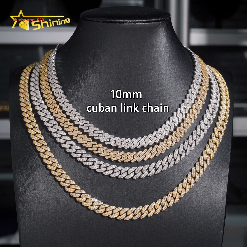 Hip Hop Fine Jewelry Factory Direct Sell 10MM Iced Out 925 Sterling Silver White Gold Plated Moissanite Cuban Link Chain Men