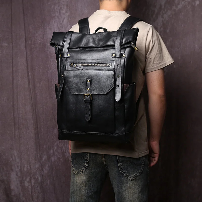 JLFGPJ Mens Large Capacity Backpack Sports Style Genuine Leather Bag with 16inch Computer Compartment Top Cowhide n 251021