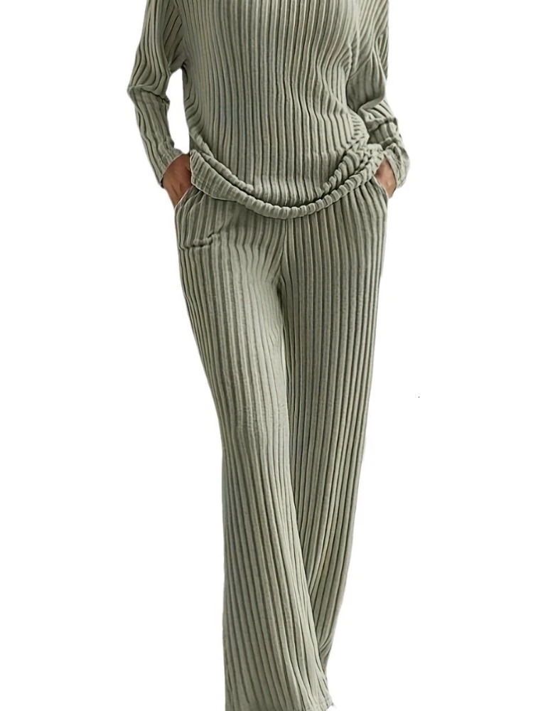 Spring Fashion Women Home Wear Set Style Straightleg Pants Loosefit Vneck Ribbed Knit Sweater Female Casual Pajamas 251027