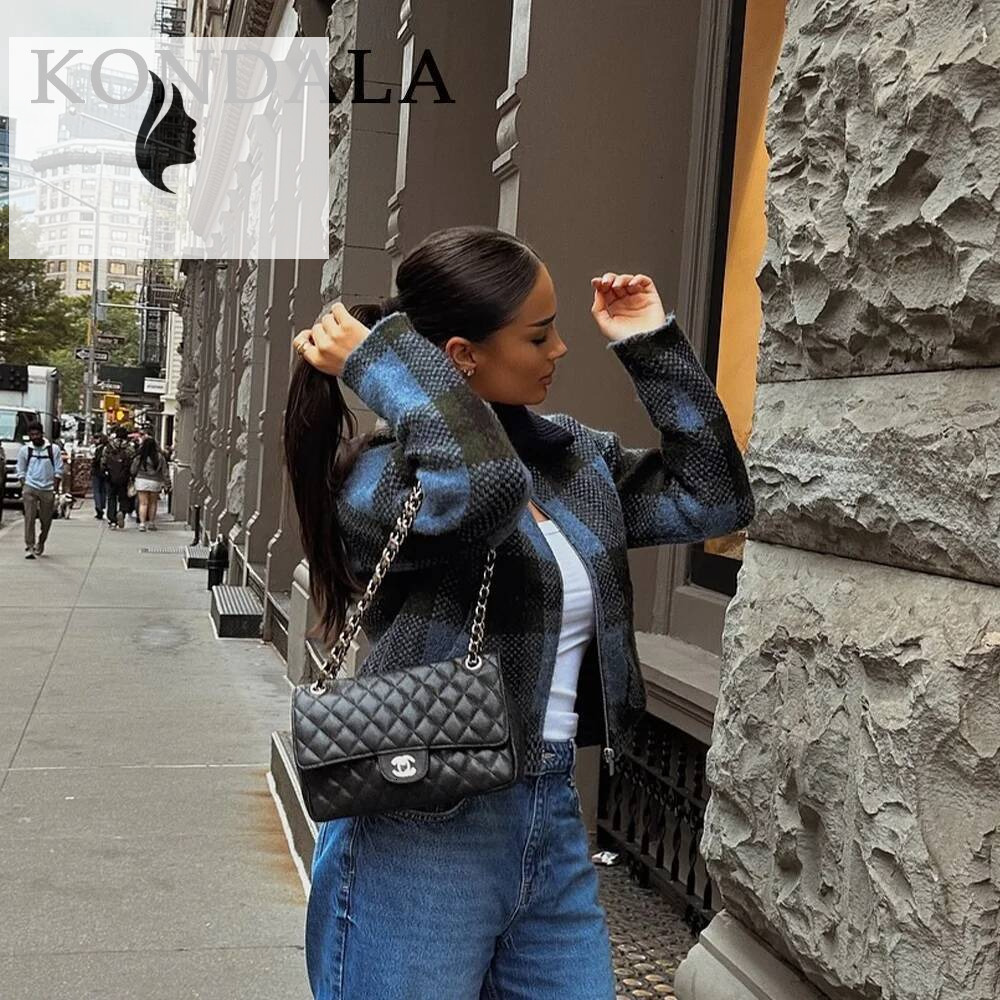 winter jacket women KONDALA 2025 Fall Winter Streetwear Knitted Women Fashion Christmas Plaid Elegant Zip Up Turndown Collar Ladies Coats