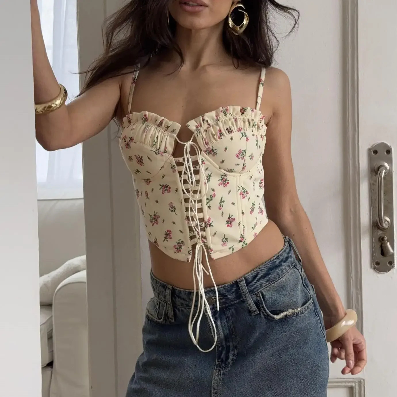 2025 Beach Bandage Women Vest Sling Hollow Out Ruffles Slash Neck Backless Sleeveless Female Top Summer Elegant Lady Blouse 251027