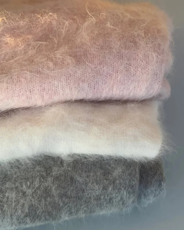 Fluffy Mohair Off Shoulder Cropped Sweater Oversize Slouchy Long Sleeve 2025 Autumn Cozy Women Knit Top Trendy Sweet Lady Jumper 251027