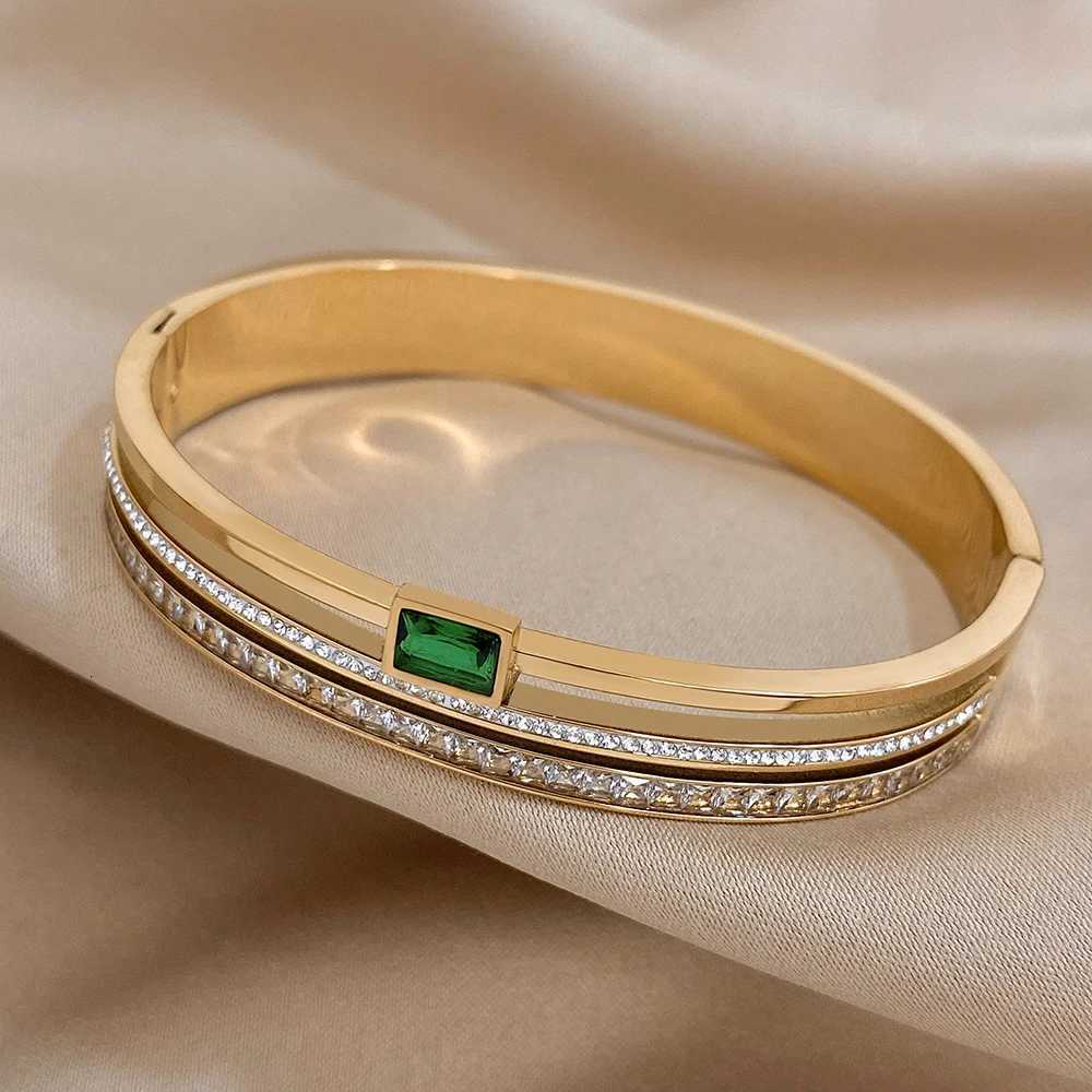 Luxury Stainss Steel Cuff Bracet For Wen Mens Gold Silver Color Coup Bracets Green White Rhinestone Wide Bang GiftW251027