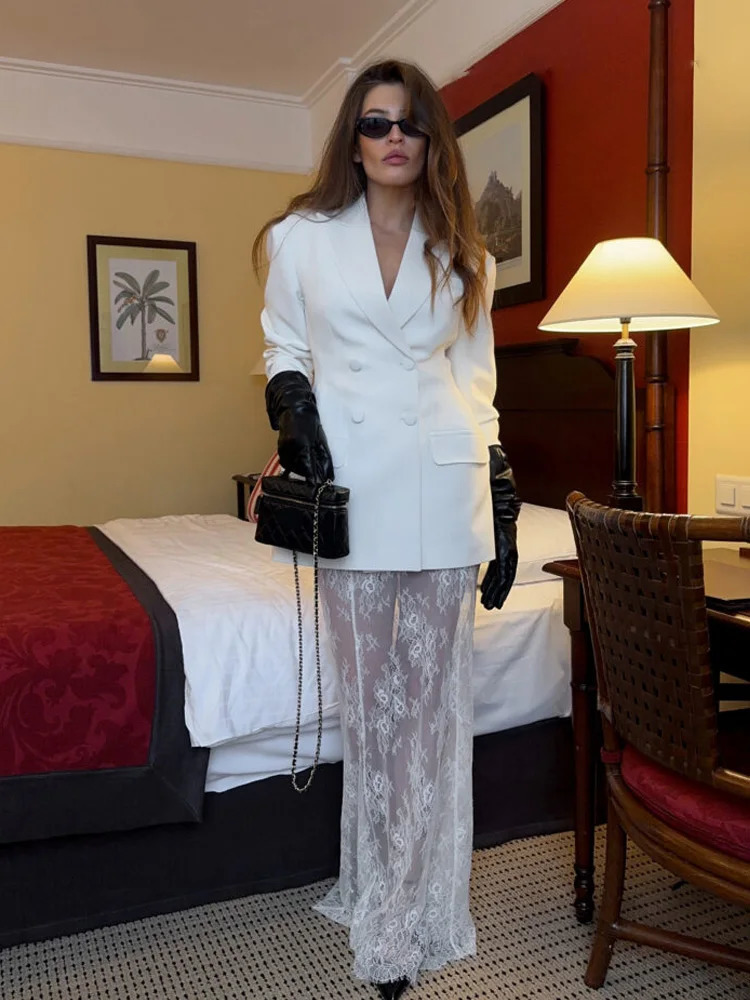 HH Women Fashion Lapel DoubleBreasted Waistclosing Blazer CoatTranslucent Rear Zipper Aline High Waist Skirt Set 251023