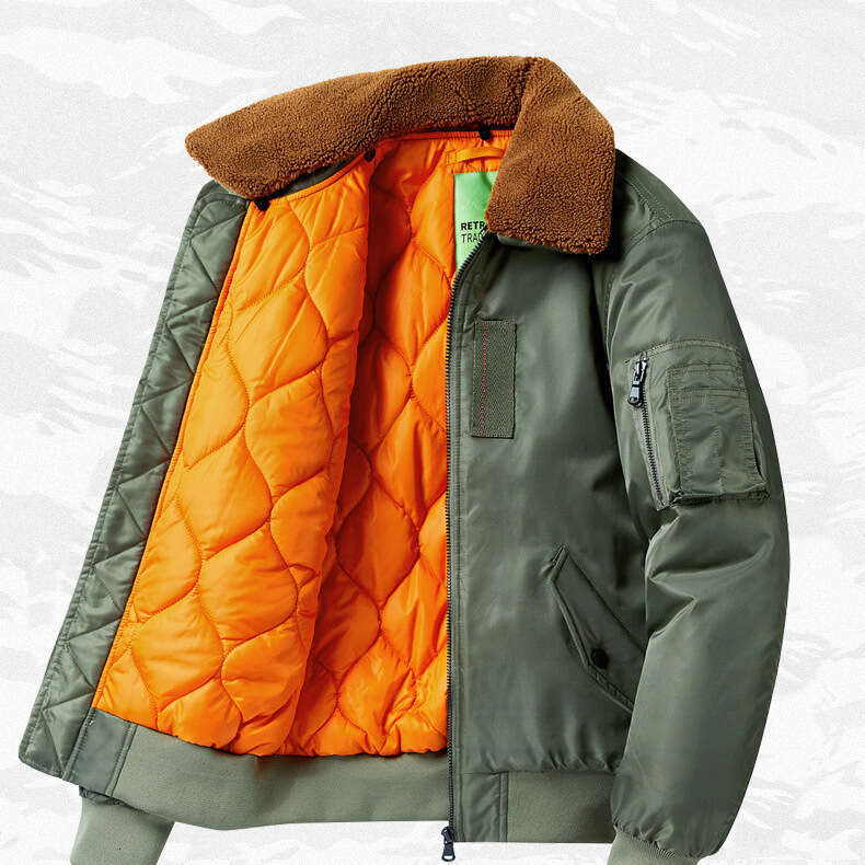 Autumn Winter Thickened Cotton Flight Jacket Men's Turn-down Casual Workwear Coat American Style Loose Fit Fur Collar Versatile Top