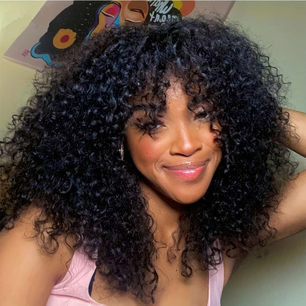 180% Density Brazilian Virgin Human Afro Kinky Curly Wig With Bangs - Hine-Made Scalp Top, 14-20 Inch Lengths, Natural Black For & All Ethnicities, El