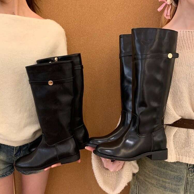 Sheepskin Version~ Small Gold Buckle Genuine Leather Thick-Soled High for Women Korean Style Wide Long Plus Size Thick-Legged Riding Boots
