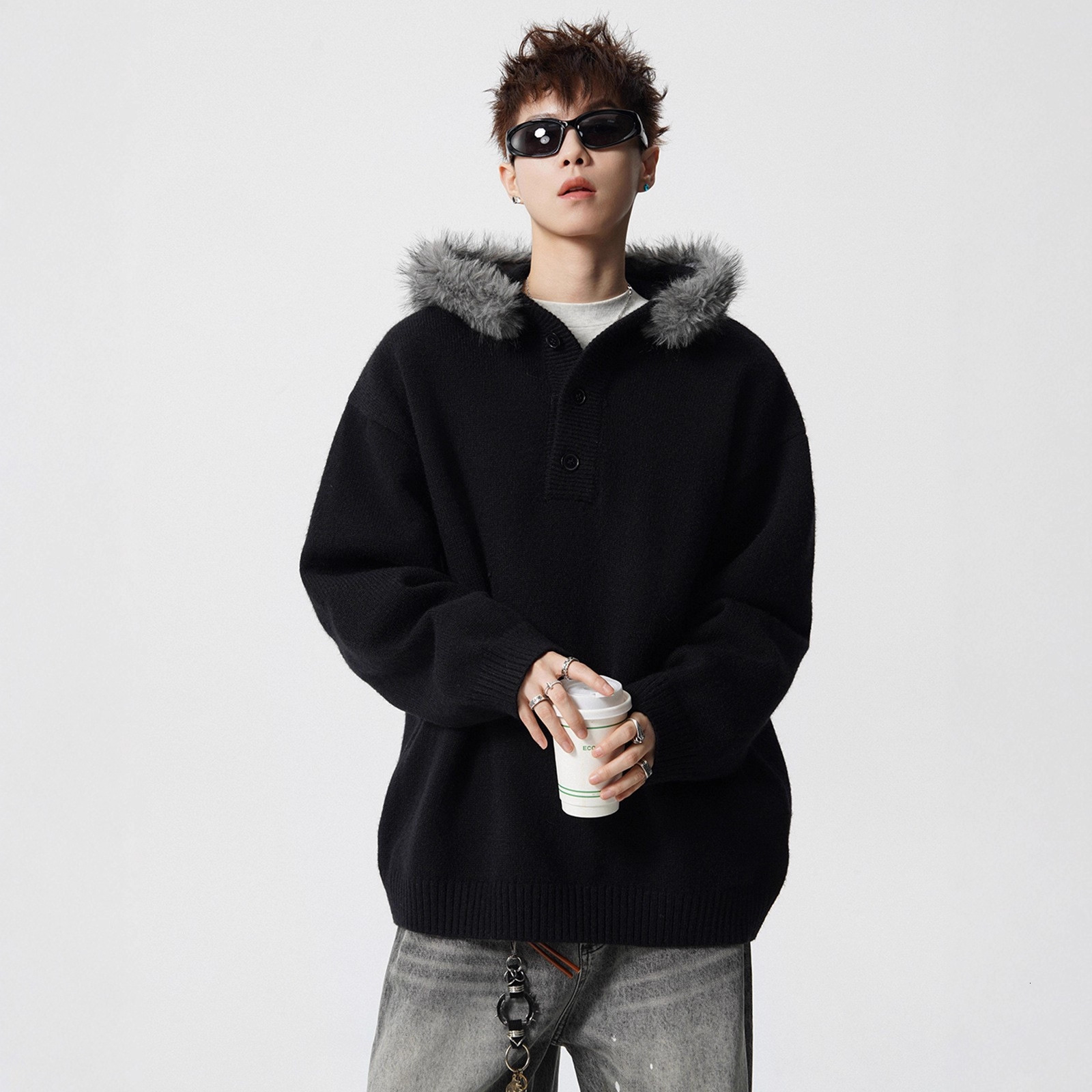 American Style Hooded Sweater With Large Fur Collar For Men And Designer Sweater Women Autumn And Winter Pullover Knitwear Lazy Style Loose Coat Trend