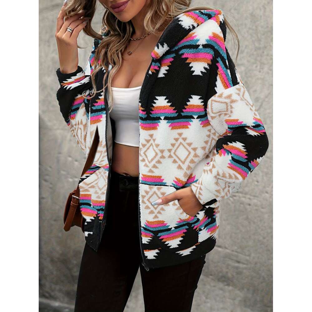 SPECHIR Women's Elegant Geometric Print Hooded Jacket - Hine Washable Zipper Front Casual Coat For Fall/Winter, Black/White/Orange/Teal/Gray, Mid