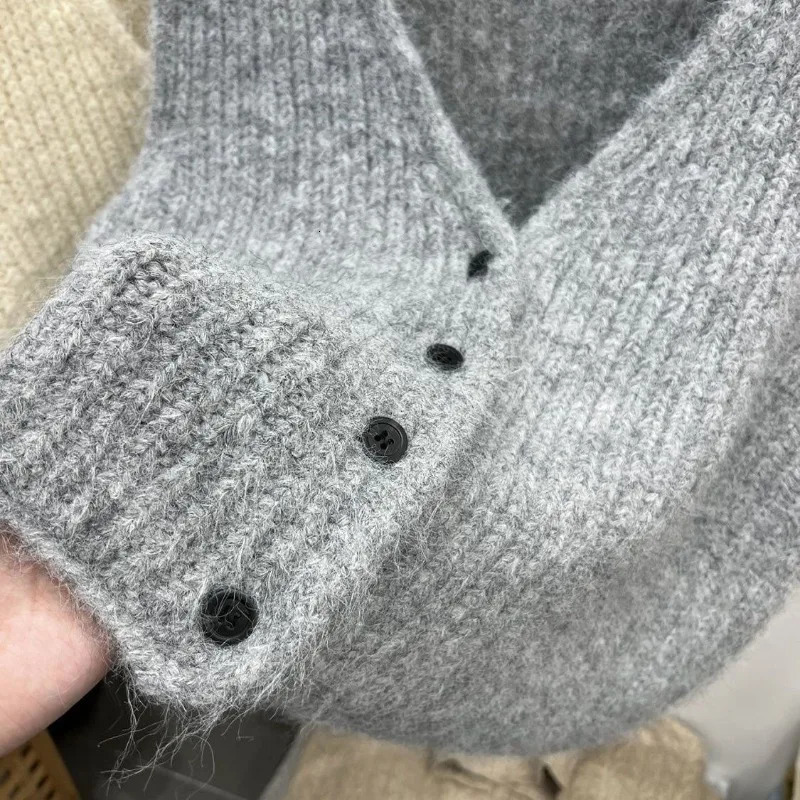Autumn Winter V Neck Single Button Vest Grey Loose Knit Cardigan Women Fashion Thick Wool Guangzhou Story Niche Sweater 251027