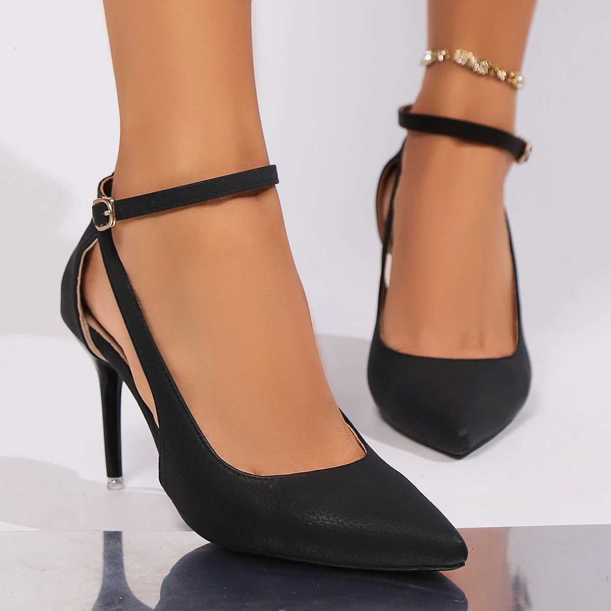 Womens Shoes 2024 High Quality Solid Color Pointed Toe Shallow Mouth Hollow eword Buckle Strap Stiletto Womens High HeelsXJ251027